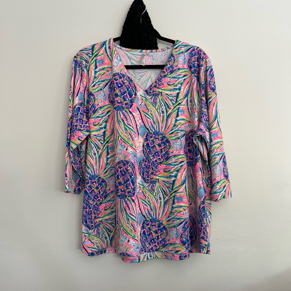 Lulu-B Multicolor Tropical Print Top in Pink, Blue & Lime